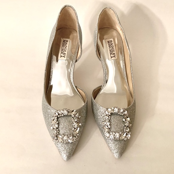 Badgley Mischka Fabia II Kitten Heels Crystal Buckle Pointed Toe Silver Shoes 7 - Picture 14 of 16